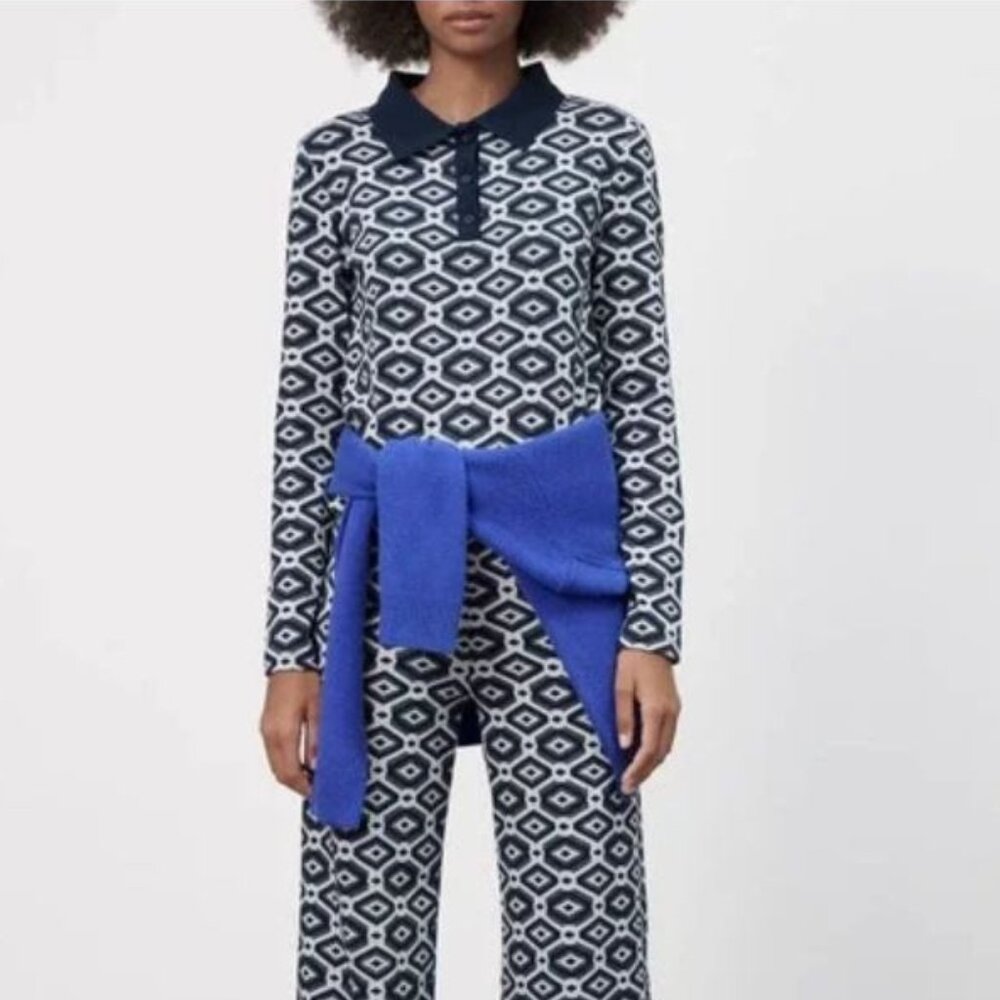 Zara Navy Geometric Jacquard Knit Long Sleeve Polo Top Sz S NWT